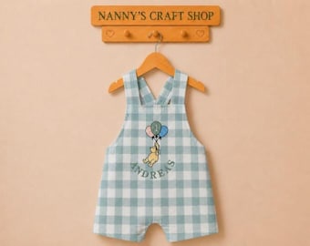 Boys 1st birthday outfit. Winnie the Pooh birthday overalls. Boys personalised romper. Gingham romper.