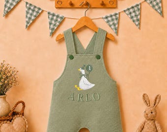 Boys 1st birthday outfit. One silly goose birthday overalls. Boys personalised romper. Gingham romper