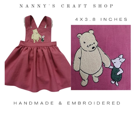 Winnie the Pooh dress. Baby clothes. Girls birthday dress. Linen embroidered dress
