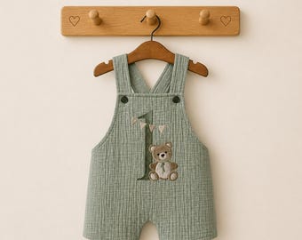 Beary 1st birthday. Boy's 1st birthday. Personalised boys romper. Overalls. Organic muslin clothes. Sage green