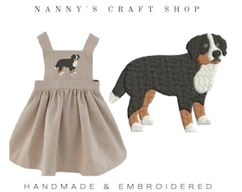 Bernese Mountain Dog Baby Dress: Embroidered Linen Outfit. Custom made dress.