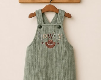 Embroidered Cowboy Overalls Romper: Baby Rodeo Outfit. Organic baby clothes. Muslin romper. Sage green. Hat not included!