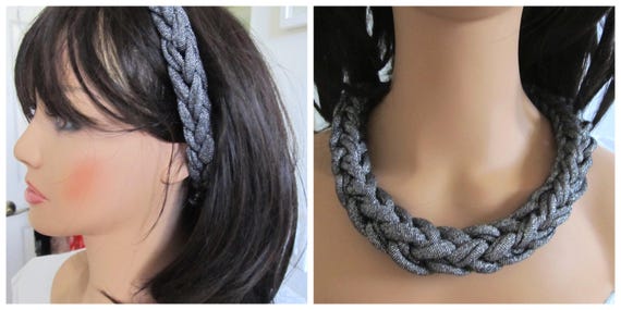 F2363 Chunky Knit Adjustable Lurex Hairband or Necklace 17-18" plus ties
