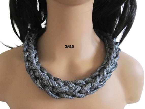 F2415 Chunky Knit Adjustable Lurex Necklace (or Hatband)  20" plus ties