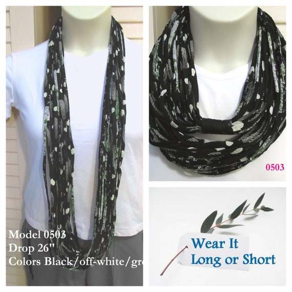 F503 Fabric Infinity T-Shirt Scarf Necklace Wear Long or Short Blk/Green
