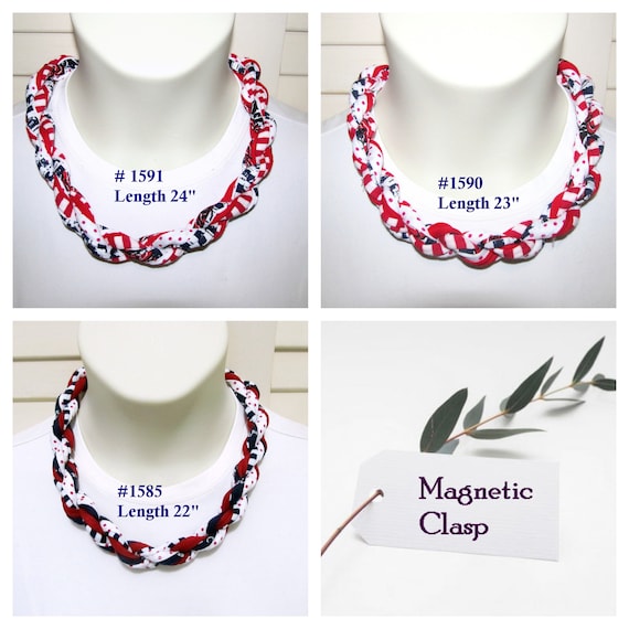 R1585.90.91 PATRIOTIC Fabric Rope Choker Necklace Magnetic Clasp