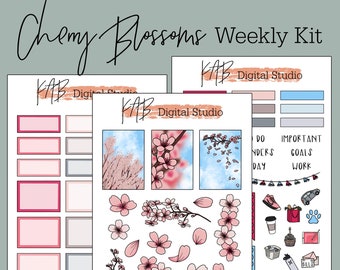 Cherry Blossoms Hand Drawn Digital Bullet Journal Stickers, Spring Time Weekly Planner Kit, Pink Flower Goodnotes PNG