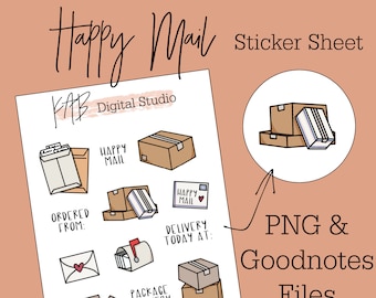 Happy Mail Hand Drawn Digital Bullet Journal Stickers, Delivery Box Planner Icons, Package Goodnotes PNG Clipart Digital Scrapbook
