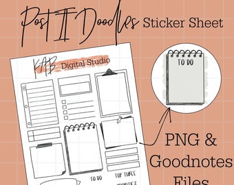 Post Its handgetekende digitale Bullet Journal-stickers, doodle planner-pictogrammen, takenlijst Goodnotes PNG-clipart digitale geheugenhouder