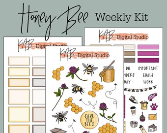 Honey Bee Hand Drawn Digital Bullet Journal Stickers, Honeycomb Weekly Planner Kit, Spring Time Goodnotes PNG