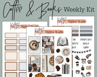 Coffee and Books Hand Drawn Digital Bullet Journal Stickers, Reading Weekly Planner Kit, Studying Goodnotes PNG