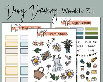 Daisy Flower Hand Drawn Digital Bullet Journal Stickers, Spring Weekly Planner Kit, Floral Goodnotes PNG