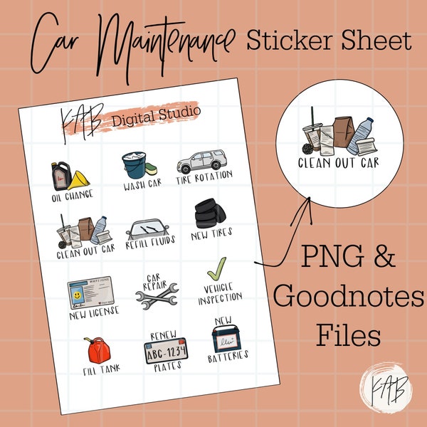 Car Maintenance Hand Drawn Digital Bullet Journal Stickers, Car Repairs Planner Icons, Vehicle Goodnotes PNG Digital Memory Keeper