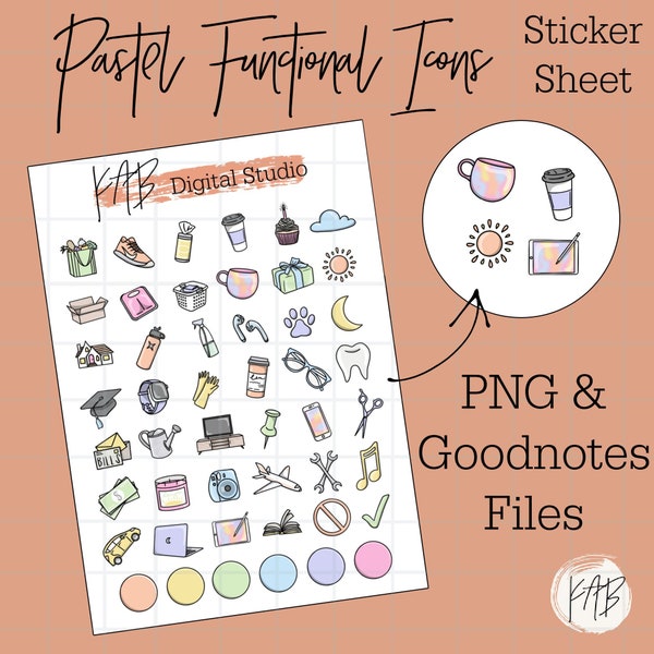 Pastel Functional Hand Drawn Digital Bullet Journal Stickers, Everyday Planner Icons, Soft Colored Goodnotes PNG Digital Memory Keeper