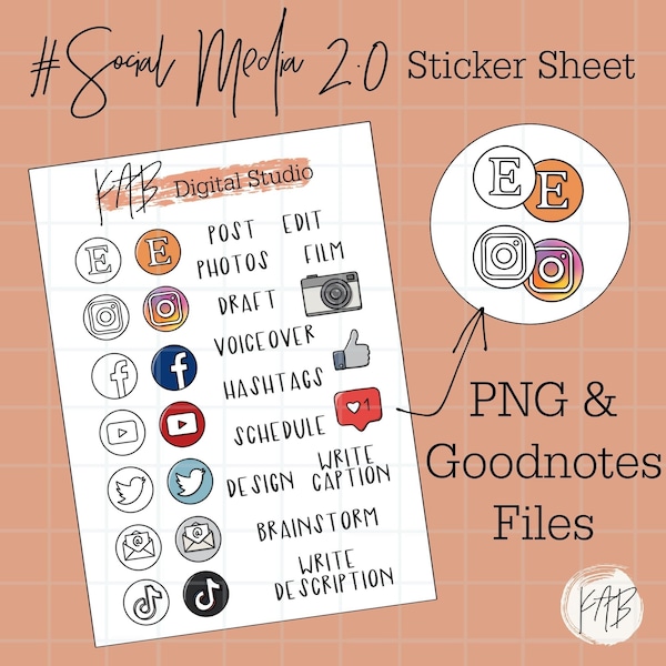 Social Media Hand Drawn Digital Bullet Journal Stickers, Content Creator Planner Icons, Instagram TikTok Etsy Goodnotes PNG