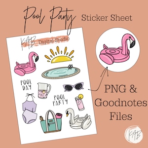 プールの日の手描きデジタルバレットジャーナルステッカー、プールパーティープランナーアイコン、水泳休暇Goodnotes PNGクリップアートデジタルスクラップブック