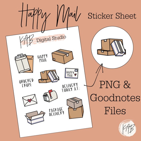 Happy Mail Hand Drawn Digital Bullet Journal Stickers, Delivery Box Planner Icons, Package Goodnotes PNG Clipart Digital Scrapbook