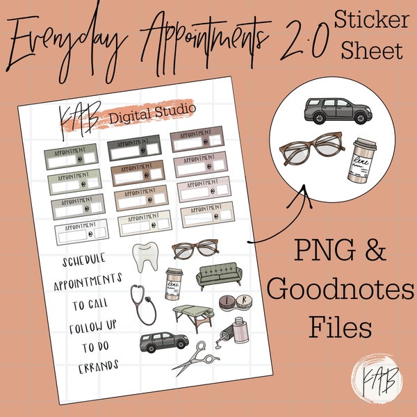 Everyday Appointments Hand Drawn Digital Bullet Journal Stickers, Functional Planner Icons, Neutral Goodnotes PNG Digital Memory Keeper