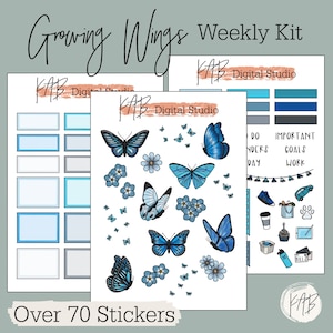 Schmetterlinge Handgezeichnete Bullet Journal Aufkleber, Blauer Schmetterling Wochenplaner Kit, Frühling Goodnotes PNG