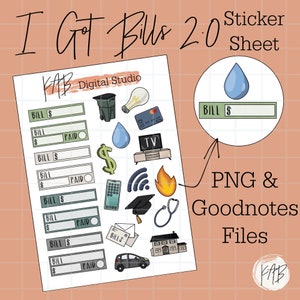 Bill Due handgezeichnete digitale Bullet Journal Aufkleber, Rechnungen Planer Symbole, Finanzen Goodnotes PNG Digital Memory keeper