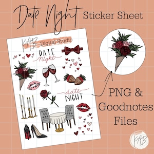 デートの夜手描きデジタルバレットジャーナルステッカー、記念日プランナーアイコン、バレンタインデーGoodnotesPNGデジタルメモリーキーパー