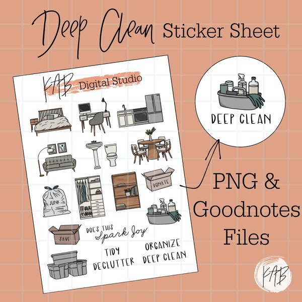 Deep Clean Hand Drawn Digital Bullet Journal Stickers, Declutter Planner Icons, Home Organization Goodnotes PNG Digital Memory Keeper
