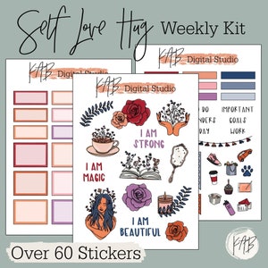 Auto Love Mantra Adesivos de diário com marcadores digitais desenhados à mão, Kit de planejador semanal Boho sonhador, Afirmações positivas Goodnotes, png