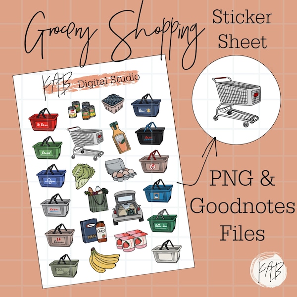 Grocery Shopping Basket Hand Drawn Digital Bullet Journal Stickers, Buggy Planner Icons, Shopping Bag Goodnotes PNG Digital Memory Keeper