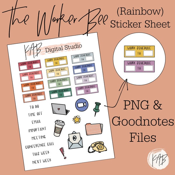 Rainbow Work Icons Hand Drawn Digital Bullet Journal Stickers, Work Day Planner Icons, Zoom Meeting Goodnotes PNG Clipart Digital Scrapbook