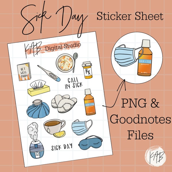 Sick Day Hand Drawn Digital Bullet Journal Stickers, Call In Sick Planner Icons, Flu Mask Goodnotes PNG Digital Memory Keeper