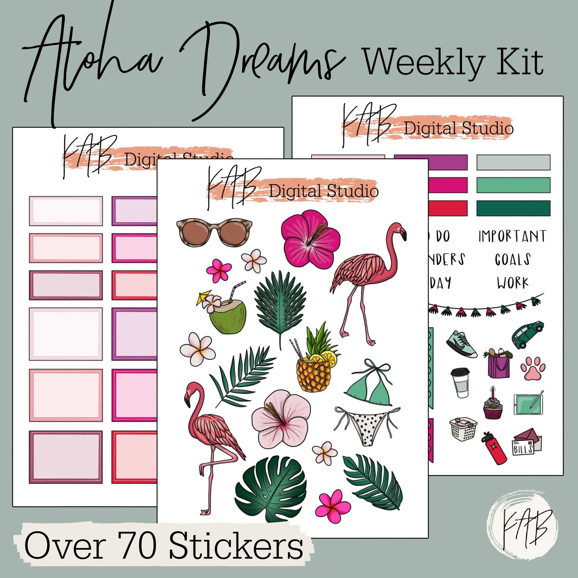 Tropical Beach Hand Drawn Digital Bullet Journal Stickers, Flamingo Monstera Weekly Planner Kit, Tropical Flower Vacation Goodnotes PNG