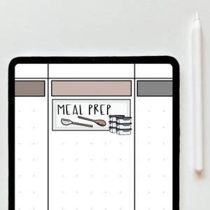 May include: A white digital planner with a black border and a sticker that says "Meal Prep" with a drawing of two wooden spoons and a stack of plastic containers.