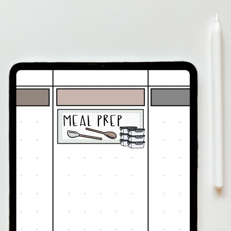 May include: A white digital planner with a black border and a sticker that says "Meal Prep" with a drawing of two wooden spoons and a stack of plastic containers.