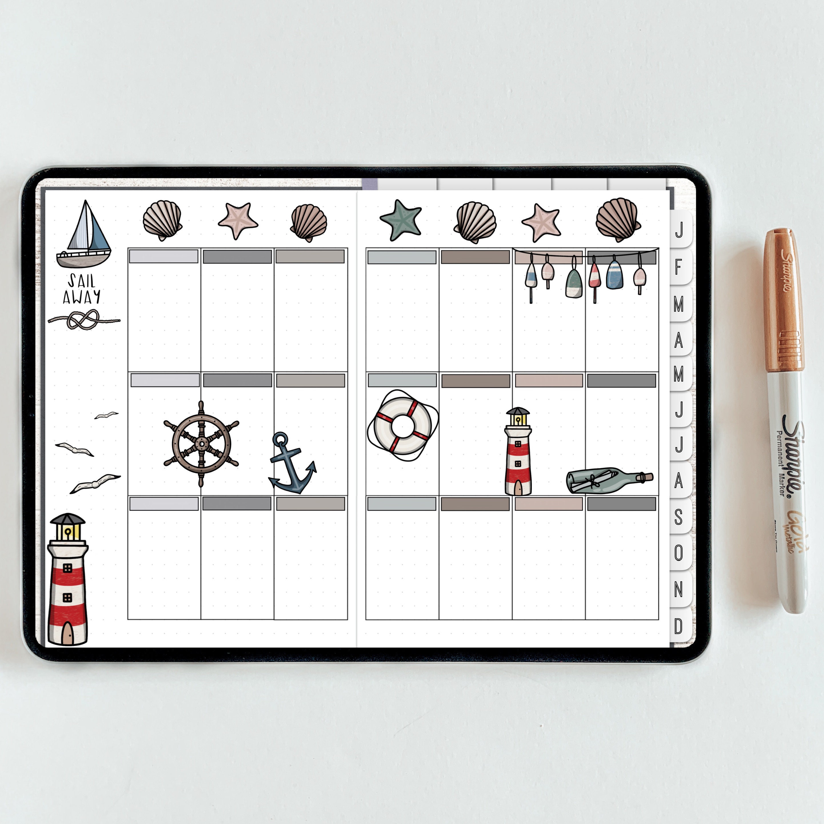 Nautical Hand Drawn Digital Bullet Journal Stickers, Sailing Ocean ...