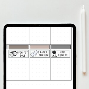 May include: A digital planner with three columns, each with a different meal idea. The first column has a brown background and a drawing of a slow cooker with the text "Crockpot Soup". The second column has a beige background and a drawing of a baking dish with the text "Baked Chicken". The third column has a grey background and a drawing of a grill with the text "Grill Burgers".