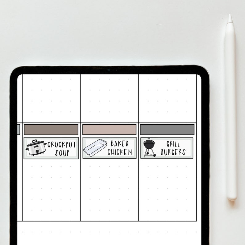 May include: A digital planner with three columns, each with a different meal idea. The first column has a brown background and a drawing of a slow cooker with the text "Crockpot Soup". The second column has a beige background and a drawing of a baking dish with the text "Baked Chicken". The third column has a grey background and a drawing of a grill with the text "Grill Burgers".