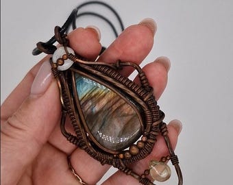 Labradorit, Mondstein & Citrin Kupfer Amulett handgemachte Wire Wrapped Mystic Talisman Halskette
