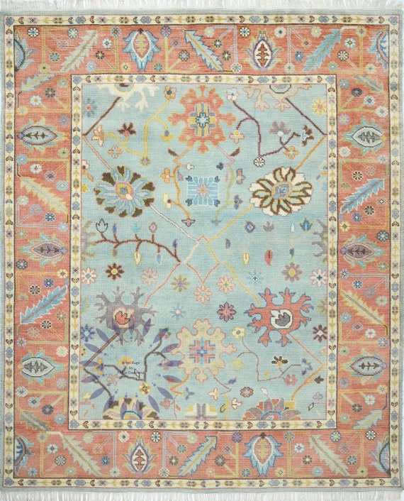 Powder Blue and rust color Rug Antique One of a kind handmade wool rug by Pihue Rug ID 12