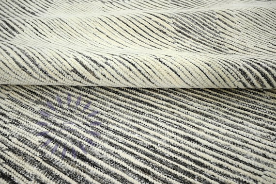 Modern Handknotted Bohemian Rug: Cream & Black Wool with Horizontal Stripe Perfect for Boho Chic or Minimalist Home Décor