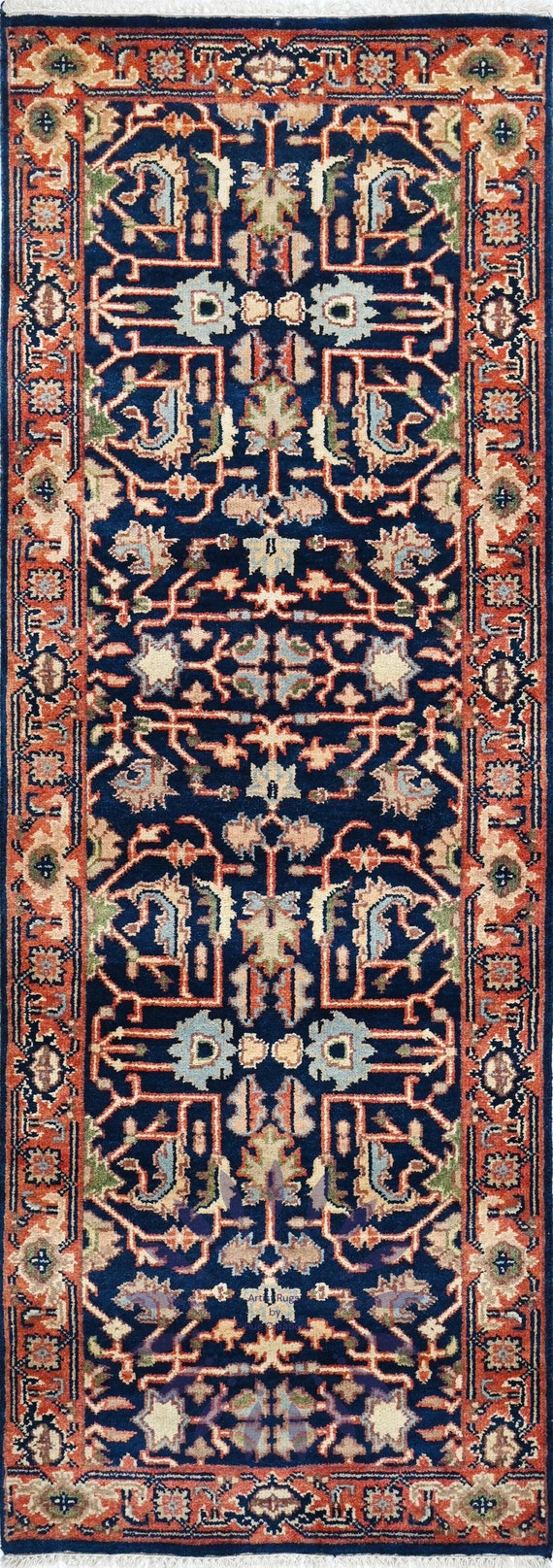 Hand-Knotted Wool Runner Rug - Navy  Vibrant Colors Heriz Design- Kitchen, Hallway & Livingroom Elegant Runner Rug