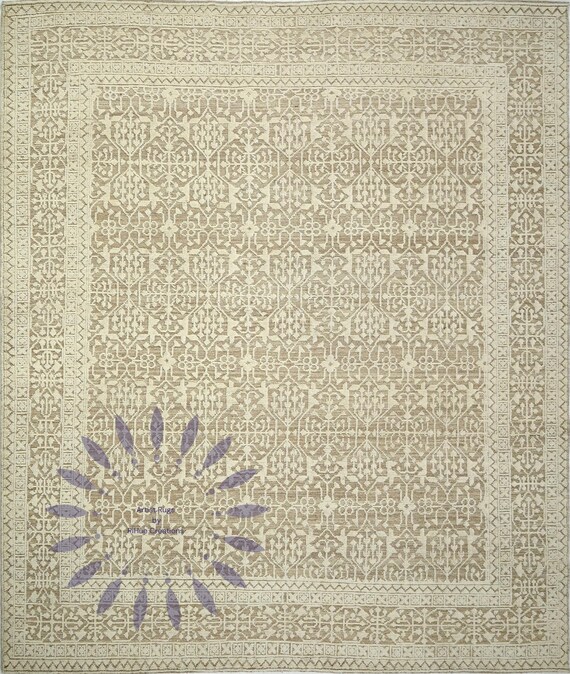 Elegant Beige & Brown Vintage Hand-Knotted Rug - Antique Geometric Design for Timeless Home Décor For Living Room