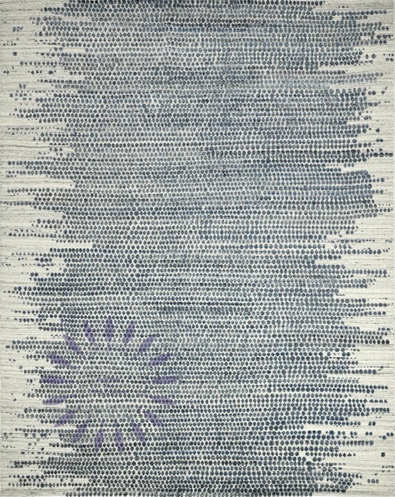 Blue and Cream Hand knotted Rug - Geometric Pattern, Natural Wool with Abstract Design, Modern Bohemian Living Room or Bedroom Rug