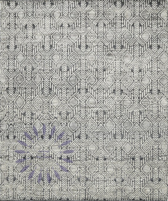 Boho Chic Diamond Pattern Hand-Knotted Grey & Black Geometric Rug - Contemporary Shaggy Wool Rug for Living Room, Bedroom or Office