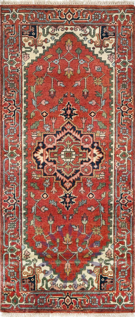 Hand-Knotted Rust Red Heriz Runner Rug Natural Dyes - Kitchen, Hallway, Living Room. Elegant and Durable: