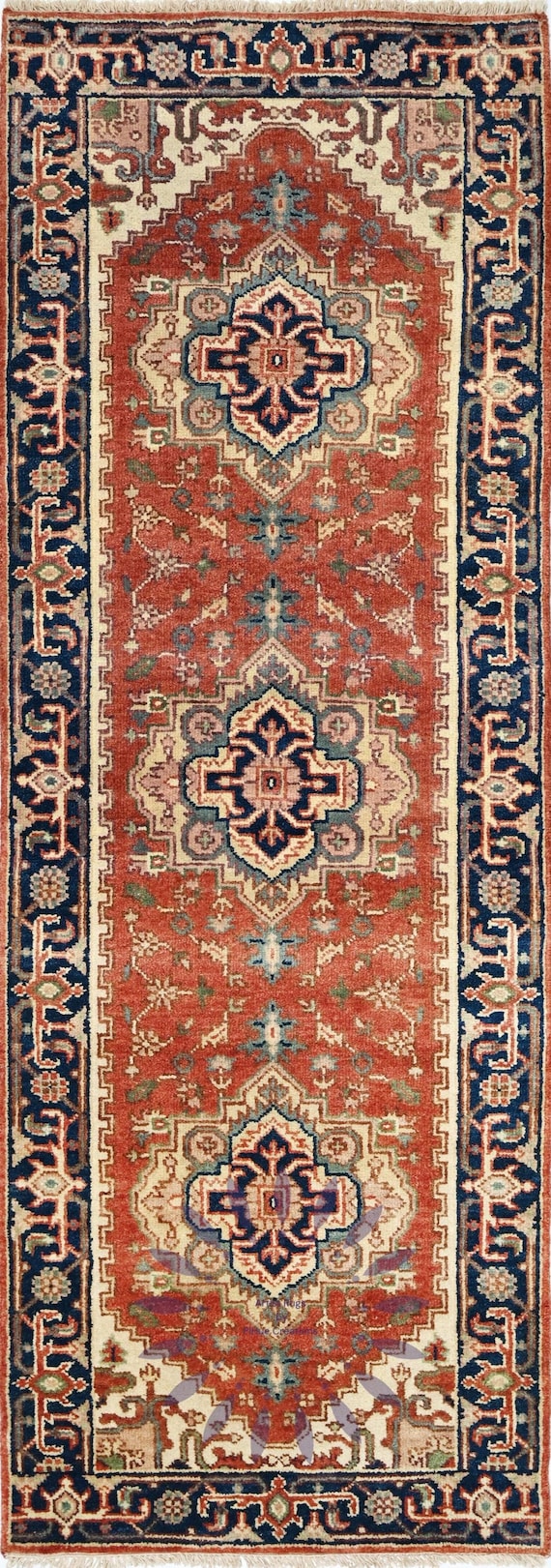 Hand-Knotted Wool Runner Rug Red & Blue Heriz Design - Kitchen, Hallway Indian Made Elegant and Durable Rug