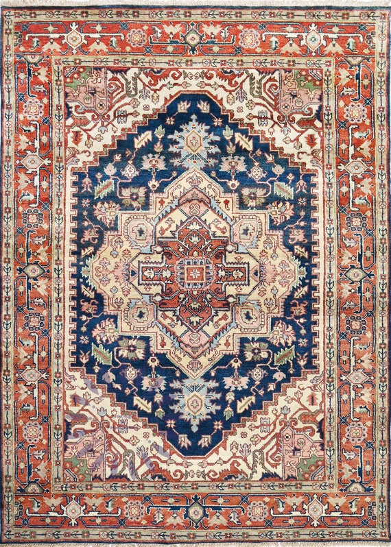 Discover Elegance: Hand-Knotted Serapi Rug in Blue with Brick Red Ivory Accents Luxury Oriental Rose Wool Rug