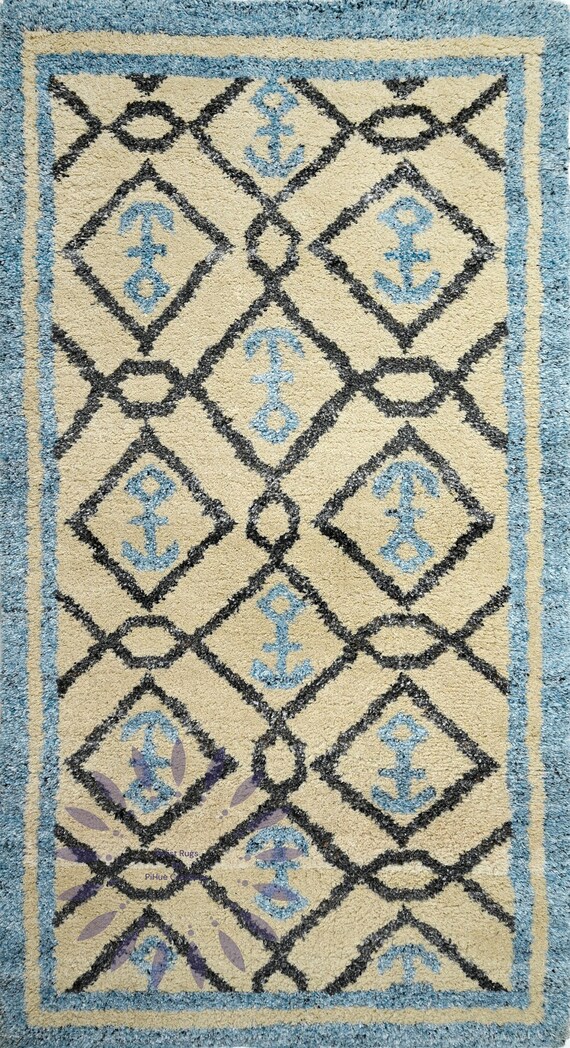 Boho Moroccan Beni Ourain Rug Handmade Ethically Sourced  Unique Home Decor Fast Shipping runner 3x6 feet rug blue tan color