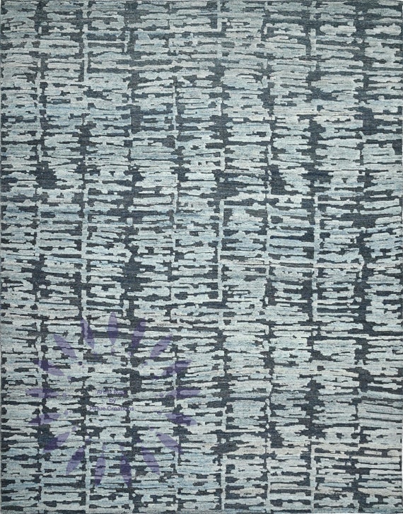 Captivating Hand-Knotted Modern Abstract Rug: Elevate Your Living Space with Chic Blend of Blue, Silver, and Gray Tones