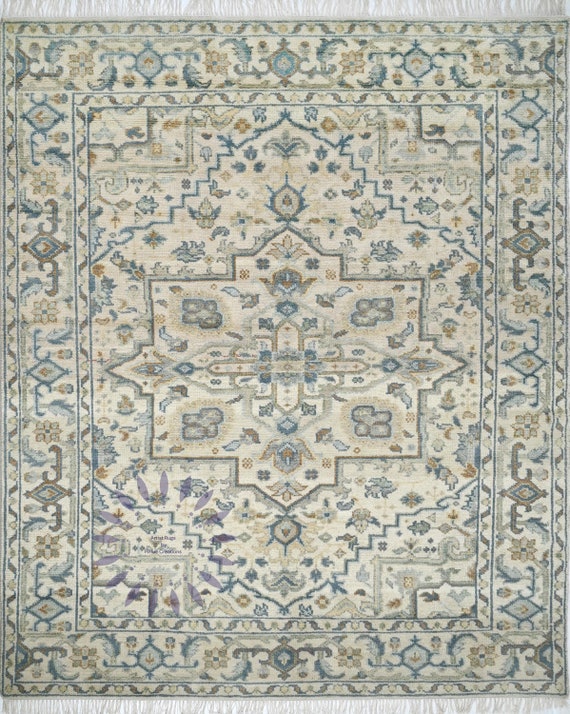 Enhance Your Decor with Vintage Turkish Charm Beige and Ocean Blue Art Deco Area Rug,Accented with Pale Yellow. Shop Now for Style on Etsy