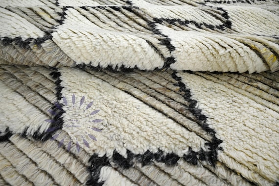 Hand-knotted Moroccan Berber Rug: Cream & Black Diamond Pattern for Boho Chic or Minimalist Home Décor.